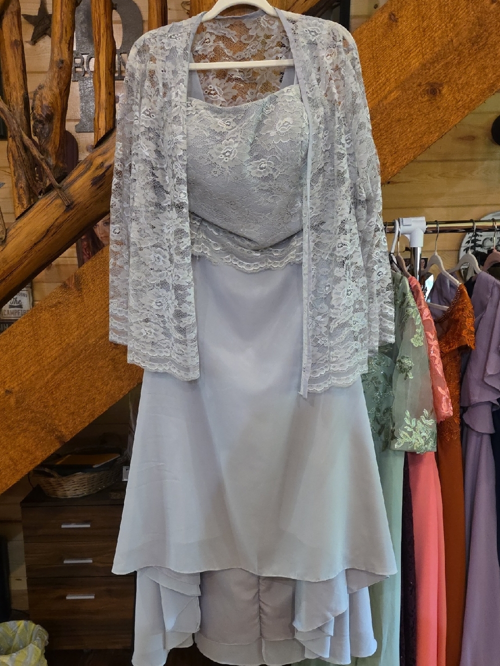 Lace Overlay Light Gray Women's Dress with Jacket